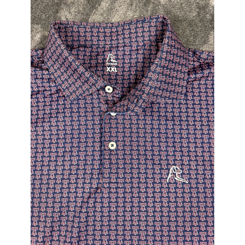 Rhoback Mens XXL Liberty Bell Performance Golf Polo Shirt Navy Blue Patriotic